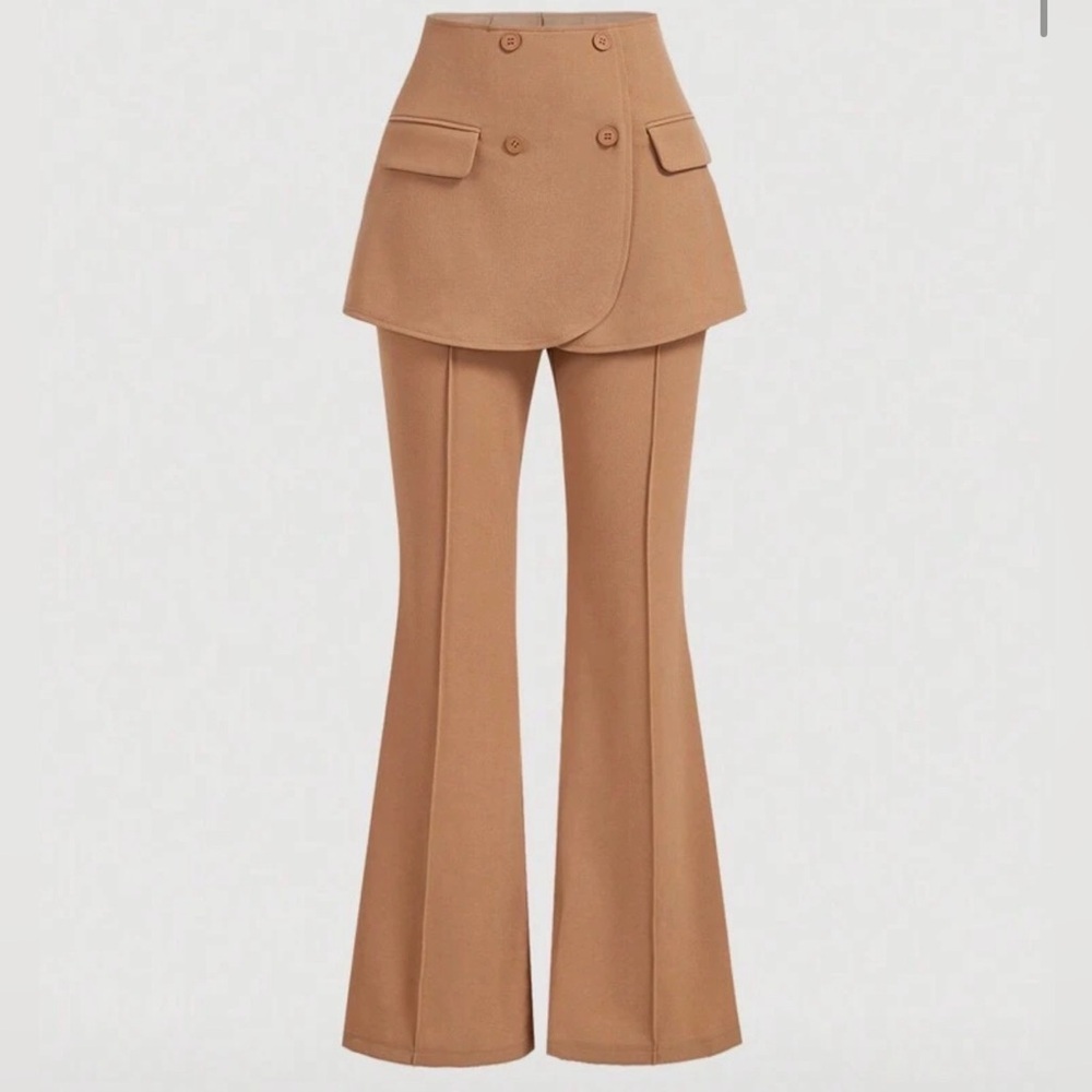 Statement Piece Camel Skirt Overlay Flare Pants High Waist Chic